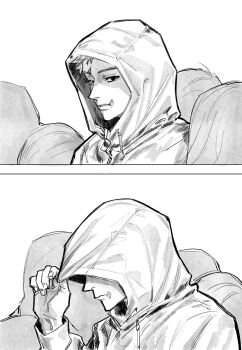 1boy greyscale highres hood hood_up itadori_yuuji jujutsu_kaisen kiemwell0 looking_at_viewer male_focus monochrome scar scar_across_eyebrow scar_on_face scar_on_lip scar_on_mouth short_hair upper_body