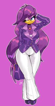 1girl absurdres arm_up bag bird_girl blue_eyes breasts choker cleavage curvy female_focus full_body glasses handbag highres jamoart jewelry large_breasts long_hair one_eye_closed pendant purple_hair secretary simple_background solo sonic_(series) sonic_riders_(series) wave_the_swallow wide_hips
