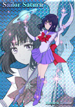 1girl back_bow bishoujo_senshi_sailor_moon black_hair blue_background boots bow brooch character_name choker circlet closed_mouth elbow_gloves expressionless female_focus full_body gloves holding holding_polearm holding_spear holding_weapon jewelry knee_boots lace-up_boots looking_at_viewer magical_girl name_connection object_namesake planet pleated_skirt polearm purple_boots purple_eyes purple_sailor_collar purple_skirt red_bow sailor_collar sailor_saturn sailor_senshi_uniform saturn_(planet) short_hair silence_glaive skirt solo spear standing star_brooch tomoe_hotaru weapon white_gloves yogi_(yogikka) zoom_layer