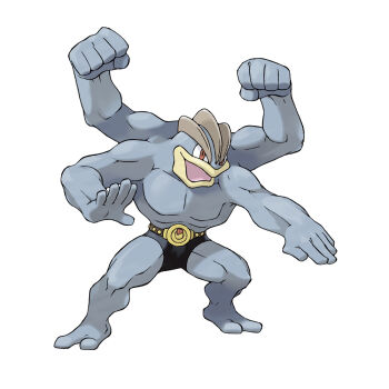 arms_up belt clenched_hands extra_arms full_body gen_1_pokemon machamp muscular nintendo official_art open_mouth pokemon pokemon_(creature) pokemon_focus pokemon_frlg red_eyes simple_background smile solo standing sugimori_ken third-party_source white_background