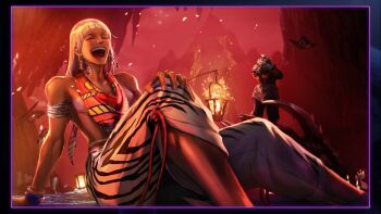 Rule 34 | 1boy, 1girl, absurdres, akuma (street fighter), animal print, bracelet, bug, butterfly, cave, crossed arms, earrings, elena (street fighter), happy, highres, insect, jewelry, laughing, looking back, muscular, muscular male, official art, open mouth, scarf, sitting, smile, street fighter, street fighter 6, topknot, zebra print