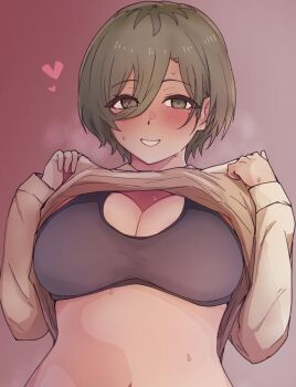 1girl black_bra blush bra breasts brown_eyes brown_hair brown_shirt cleavage clothes_lift girls_band_cry hair_between_eyes hanekuri_(nnainain) heart highres large_breasts long_hair_between_eyes long_sleeves mole mole_under_eye multicolored_hair open_mouth roots_(hair) rupa_(girls_band_cry) shirt shirt_lift short_hair solo underwear upper_body