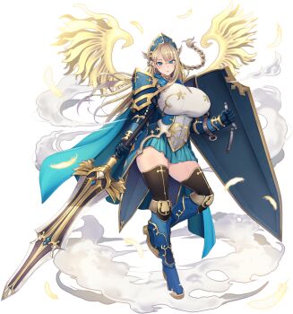 1girl armor armored_boots blonde_hair blue_eyes boots breasts full_body game_asset huge_breasts kyonyuu_fantasy_burst london_inu long_hair official_art pauldrons shield shoulder_armor skirt sword thighhighs thighs third-party_source vambraces weapon zettai_ryouiki