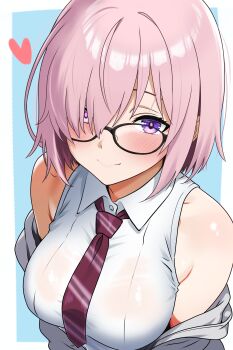 1girl absurdres bamboo_tac bare_shoulders blush breasts fate/grand_order fate_(series) glasses hair_over_one_eye highres large_breasts long_sleeves looking_at_viewer mash_kyrielight off_shoulder pink_hair purple_eyes short_hair smile solo