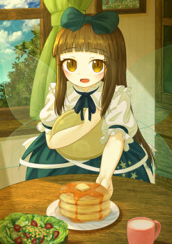 1girl :d absurdres blue_bow blue_ribbon blue_skirt blunt_bangs bow brown_eyes brown_hair butter commentary commentary_request cucumber cucumber_slice cup curtains ekaapetto english_commentary fairy_wings food frilled_shirt_collar frills hair_bow highres holding holding_tray indoors lettuce long_hair looking_at_viewer maple_syrup mixed-language_commentary neck_ribbon open_mouth pancake pancake_stack picture_frame plate print_skirt puffy_short_sleeves puffy_sleeves ribbon round_table salad serving short_sleeves sidelocks skirt smile solo standing star_(symbol) star_print star_sapphire table tea teacup tomato tomato_slice touhou tray very_long_hair waitress window wings wooden_table