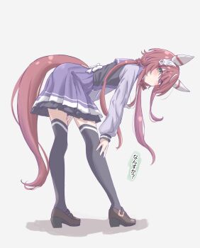 1girl animal_ears blush bow bowtie breasts closed_mouth ear_covers ear_ornament feather_hair_ornament feathers full_body green_eyes hair_between_eyes hair_ornament highres horse_ears horse_girl horse_tail leaning_forward long_hair long_sleeves looking_at_viewer low_twintails purple_sailor_collar purple_serafuku purple_shirt purple_skirt purple_thighhighs red_hair sailor_collar sailor_shirt school_uniform serafuku shirt shoes simple_background skirt solo tail thighhighs tofu_thunder tracen_school_uniform twintails umamusume white_bow white_bowtie win_variation_(umamusume)