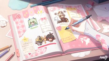 1girl bow bowtie desk elysia_(hi_love_elf)_(honkai_impact) elysia_(honkai_impact) game_cg highres holding holding_pen honkai_(series) honkai_impact_3rd kalpas_(honkai_impact) letter mobius_(daughter_of_corals)_(honkai_impact) mobius_(honkai_impact) official_art pen pencil pink_bow pink_bowtie seele_(alter_ego) seele_vollerei solo vill-v vill-v_(i&#039;m_the_storm)