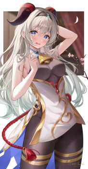 1girl absurdres aqua_hair arm_behind_head bare_shoulders bell black_pantyhose blush bodystocking bodysuit breasts cosplay dress firefly_(honkai:_star_rail) ganyu_(genshin_impact) ganyu_(genshin_impact)_(cosplay) genshin_impact goat_horns gradient_hair grey_hair halterneck hand_up harukix highres honkai:_star_rail honkai_(series) horns long_hair looking_at_viewer multicolored_hair neck_bell pantyhose parted_lips simple_background solo standing very_long_hair white_background white_dress