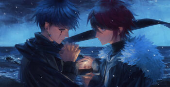 2boys absurdres beach black_jacket black_scarf black_shirt black_streaks blue_eyes blue_hair cake cake_slice candle chinese_commentary commentary_request drawstring earrings face_piercing facial_mark fire food fur-trimmed_hood fur_trim grey_eyes highres holding holding_plate hood hooded_jacket hoodie jacket jacket_over_hoodie jewelry looking_at_food looking_at_viewer male_focus multicolored_hair multiple_boys omokage_yugamu own_hands_clasped own_hands_together piercing plate red_hair richost scarf shirt short_hair snowing streaked_hair sumino_takumi the_hundred_line_-last_defense_academy- turtleneck two-tone_hair water waves white_hoodie wind