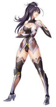 1girl :o ahoge armor armored_boots asymmetrical_hair averting_eyes bare_shoulders black_leotard black_thighhighs blue_eyes boots braid breasts cleavage cleavage_cutout clothing_cutout covered_collarbone crown_braid dart elbow_gloves eyes_visible_through_hair female_focus fishnets flipped_hair full_body gloves greaves groin hair_between_eyes hair_ornament hairclip halterneck high_ponytail highres hip_focus holding holding_weapon holster impossible_clothes impossible_leotard large_breasts legs_apart leotard lilith-soft long_hair looking_away looking_to_the_side ninja official_art open_mouth ponytail purple_hair sidelocks simple_background skin_tight solo standing taimanin_(series) taimanin_asagi taimanin_asagi_kessen_arena thighhighs thighs tsushima_ibuki turtleneck vambraces weapon white_background white_gloves zol