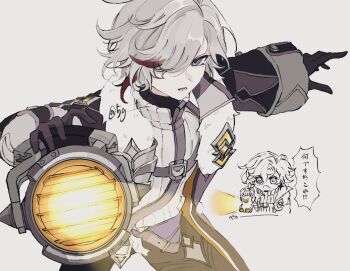 1boy 5g_ttt black_gloves blue_eyes coat fur-trimmed_coat fur_trim genshin_impact gloves grey_background grey_hair hair_over_one_eye highres holding holding_lantern illuga_(genshin_impact) lantern male_focus mole mole_under_eye multicolored_hair red_hair red_pupils silver_trim solo sweater turtleneck turtleneck_sweater two-tone_hair upper_body watermark