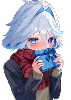 Rule 34 | 1girl, alternate costume, black jacket, blue eyes, blue gem, blue hair, blue pupils, blush, drop-shaped pupils, furina (genshin impact), gem, genshin impact, gift, hair between eyes, heterochromia, highres, holding, holding gift, jacket, long sleeves, looking at viewer, medium hair, multicolored hair, red scarf, ruarua0819, scarf, simple background, solo, symbol-shaped pupils, white background, white hair