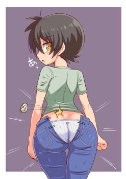 1girl ass black_hair blush button cougar_(cougar1404) curvy denim female_focus from_behind huge_ass jeans looking_back nari_(cougar1404) open_mouth orange_eyes original panties pants pantyshot shiny_clothes shiny_skin short_hair solo thighs torn_clothes underwear wardrobe_malfunction wide_hips