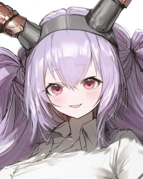 1girl arknights black_hairband black_horns breasts close-up collared_shirt commentary fake_horns hairband horn_hairband horns large_breasts long_hair looking_at_viewer pink_eyes pppmepl purple_hair shirt solo typhon_(arknights) white_shirt