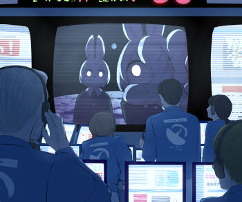 Rule 34 | 1girl, 2others, 4boys, absurdres, animal ears, avogado6, black hair, blue shirt, brown hair, collared shirt, commentary request, earth (planet), grey hair, headphones, headset, highres, holding, holding headphones, logo, long sleeves, monitor, moon rabbit, multiple boys, multiple others, on moon, original, planet, ponytail, rabbit ears, reaching, reaching towards viewer, scanlines, shirt, short hair, white eyes
