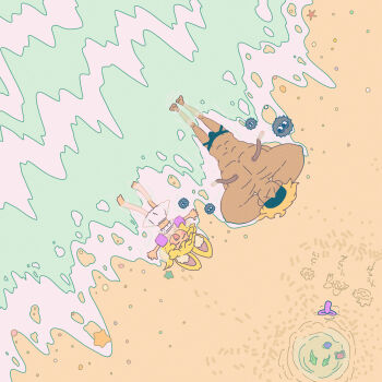 Rule 34 | 1boy, 1girl, :d, abs, absurdres, animal ears, beach, bikini, bikini skirt, black male swimwear, blonde hair, closed eyes, commentary request, cookie (touhou), crab, fang, flat color, fox ears, fox girl, frilled bikini, frills, from above, full body, highres, inflatable armbands, male swimwear, manatsu no yo no inmu, miramikaru riran, muimui (4242564muimui), muscular, muscular male, nipples, ocean, open mouth, sand, short hair, smile, starfish, sunglasses, swim briefs, swimsuit, takuya (acceed), waves, white bikini