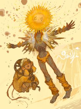 2boys blindfold blue_eyes bracelet brother_corhyn_(elden_ring) brown_robe cape colored_skin commentary elden_ring emaciated english_commentary facing_viewer fetal_position floating gawki gold_bracelet goldmask's_mask goldmask_(elden_ring) grey_skin hands_on_own_face highres jewelry leg_warmers light_particles loincloth looking_at_another male_focus mask multiple_boys open_mouth outstretched_arms robe signature t-pose torn_cape torn_clothes wheel white_cape yellow_background yellow_leg_warmers yellow_theme