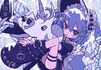 Rule 34 | 1girl, absurdres, animal skull, black boots, black dress, blue hair, bone hair ornament, bonnet, boots, commentary request, dress, goth fashion, hair ornament, highres, holding, looking at viewer, original, puffy short sleeves, puffy sleeves, short sleeves, skull hair ornament, teira (ooxoo), thigh strap