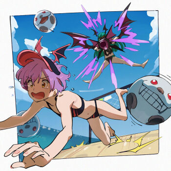 2girls alternate_costume beach beach_volleyball bikini black_bikini border brown_eyes commentary darkstalkers fingernails futa_yuri_ryona green_hair highres lilith_(darkstalkers) long_hair midair midriff morrigan_aensland multiple_girls navel ocean pink_nails purple_hair sand sasquatch_(darkstalkers) short_hair solo_focus sports_bikini swimsuit white_border worried