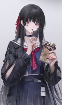 1girl arm_cutout black_choker black_hair black_jacket black_serafuku black_shirt black_skirt chisa_(wuthering_waves) choker closed_mouth clothing_cutout commentary cowboy_shot food food_in_mouth grey_background hair_ribbon highres holding holding_food holding_pocky id_card jacket long_hair long_sleeves looking_at_viewer luin_y mole mole_under_eye neckerchief pocky pocky_in_mouth red_eyes red_neckerchief red_ribbon ribbon sailor_collar school_uniform serafuku shirt simple_background skirt smile solo tacet_mark_(wuthering_waves) very_long_hair white_sailor_collar wuthering_waves