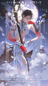 1boy absurdres arm_cuffs arm_tattoo branch brown_hair closed_mouth eyepatch falling_petals flower full_moon grey_eyes hair_ornament hand_tattoo highres jewelry lips liushui_jiang long_hair looking_at_viewer male_focus mole mole_under_mouth moon moonlight neck_tattoo necklace one_eye_covered original outdoors pants parted_bangs petals scar scar_across_eye scar_on_arm scar_on_face sidelocks sitting sky solo tattoo watermark white_flower white_pants white_petals