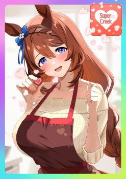 Rule 34 | 1girl, :d, absurdres, animal ears, apron, bare shoulders, blue bow, blue eyes, blue ribbon, blush, bow, braid, braided ponytail, breasts, brown apron, brown hair, candy, character name, chocolate, chocolate heart, collarbone, commentary request, ear bow, ear ribbon, food, hair between eyes, heart, heart-shaped food, highres, horse ears, horse girl, horse tail, large breasts, long hair, looking at viewer, multicolored hair, narumi yuzurai, off-shoulder sweater, off shoulder, open mouth, ribbon, smile, solo, streaked hair, super creek (umamusume), sweater, tail, umamusume, valentine, very long hair, white hair, white sweater
