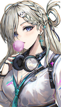 1girl aqua_nails aqua_necktie atiarta7 blonde_hair blowing_bubble_gum blue_eyes braid braided_bangs breasts chewing_gum chromatic_aberration cleavage commentary earrings fingernails hair_ornament hashtag-only_commentary headphones headphones_around_neck highres jewelry large_breasts light_blush long_hair looking_at_viewer lynae_(wuthering_waves) nail_polish necklace necktie shirt skull_hair_ornament solo star_(symbol) star_earrings upper_body white_shirt wuthering_waves