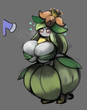 Rule 34 | 1girl, absurdres, blush, breasts, breasts squeezed together, colored skin, covering breasts, covering privates, dress, female focus, full body, gen 5 pokemon, gipehtyboo, green dress, green hair, grey background, happy, heart, heart-shaped pupils, highres, huge breasts, lilligant, long hair, monster girl, nintendo, no humans, no mouth, offscreen person, pink eyes, plant girl, pokemon, skindentation, solo, standing, symbol-shaped pupils, topless, water, watering can, wet, white skin