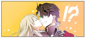 !? 1boy 1girl aqua_eyes black_gloves black_jacket black_shirt border closed_eyes closed_mouth collared_shirt commentary_request gloves gradient_background grey_hair hair_between_eyes hetero honkai:_star_rail honkai_(series) jacket kiss kissing_cheek long_hair looking_at_another multicolored_hair orange_background purple_hair sampo_koski shirt short_hair sidelocks smile star_(symbol) star_symbol_background stelle_(honkai:_star_rail) surprised trailblazer_(honkai:_star_rail) two-tone_hair upper_body user_ysfe5483 white_border wide_sleeves yellow_background