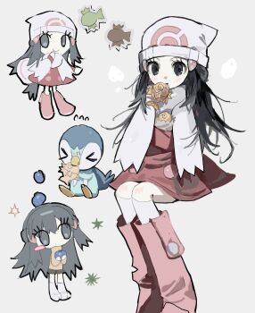 >_< bird black_eyes black_hair blush_stickers boots character-themed_food chibi chibi_inset coat dawn_(pokemon) full_body gen_1_pokemon gen_4_pokemon hair_ornament hairclip hashtag-only_commentary hat highres long_hair looking_at_viewer magikarp multiple_views nintendo penguin pink_boots pink_coat piplup pokemon pokemon_(creature) pokemon_dppt pokemon_platinum ru_oo0o scarf simple_background single_blush_sticker sitting socks white_background white_hat white_scarf white_socks