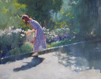 blue_dress brown_hair bush day dress flower highres kazuho_iwamoto long_hair original park path plant road shadow short_sleeves solo sunlight tree white_flower