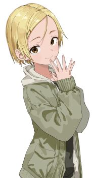 1girl absurdres black_shirt blonde_hair brown_eyes closed_mouth commentary_request fingernails forehead green_jacket hair_ornament hairclip highres jacket long_sleeves looking_at_viewer original own_hands_together shirt short_hair simple_background smile solo white_background yamamoto_souichirou