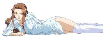 brown_eyes brown_hair dual!_parallel_trouble_adventure highres kneehighs long_hair long_image lying open_clothes open_shirt rara_mitsuki shirt sleeves_rolled_up socks solo thighhighs thighs wide_image