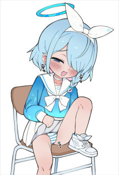 1girl absurdres arona_(blue_archive) blue_archive blue_eyes blue_hair blue_shirt blush buringo chair commentary flashing hair_over_one_eye hairband halo highres loli panties sailor_collar shirt shoes sitting skirt solo striped_clothes striped_panties underwear white_background white_sailor_collar white_skirt