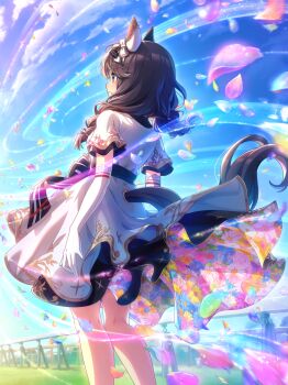 1girl absurdres animal_ears bad_link blush braid breasts closed_mouth commentary_request curren_bouquetd&#039;or_(umamusume) dress elbow_gloves gloves grass hair_between_eyes hair_ornament highres horse_ears horse_girl horse_tail long_hair low_twin_braids official_art petals racetrack sky standing tail twin_braids umamusume wind