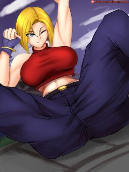 1girl between_legs blonde_hair blue_eyes blue_mary breasts curvy desiredelta female_focus highres huge_breasts large_breasts pale_skin pants shirt sitting tank_top the_king_of_fighters thick_thighs thighs wide_hips