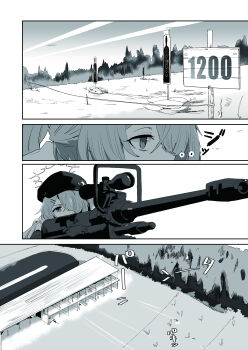 1girl 6+others absurdres anti-materiel_rifle blue_archive comiket_106 commentary_request greyscale gun hair_over_one_eye halo hat highres hiyori_(blue_archive) holding holding_gun holding_weapon j._(anonymousarts) long_hair lying monochrome multiple_others on_stomach rifle shooting_range sniper_rifle translation_request weapon