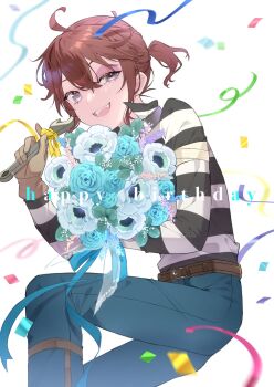 1boy :3 :d ahoge anemone_(flower) bandages_over_clothes belt blue_flower blue_rose bouquet brown_belt brown_gloves brown_hair bruise bruised_eye commentary_request confetti cowboy_shot crossed_bangs denim fang floating_hair flower gloves grey_eyes happy_birthday highres holding holding_bouquet holding_wrench identity_v injury jeans leg_brace looking_back luca_balsa male_focus nikunikuoda open_mouth pants ponytail popped_collar rose shirt short_ponytail sidelocks smile solo striped_clothes striped_shirt uneven_eyes white_flower wrench