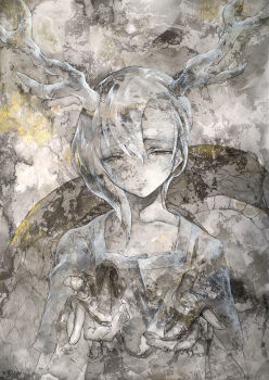 1girl antlers black_bow blue_shirt bow collarbone cracked_skin dragon_tail grey_background holding holding_ribbon horns ikeda_ruriko kicchou_yachie light_smile medium_hair narrowed_eyes patterned ribbon shirt short_sleeves solo tail touhou traditional_media upper_body