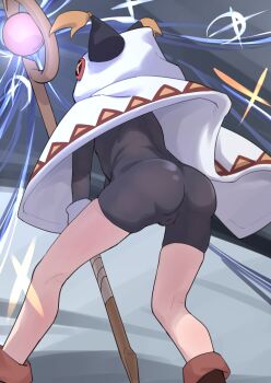 1girl 610cc animal_hood ass black_bodysuit bodysuit boots brown_boots cameltoe cloak from_behind highres holding holding_staff hood hood_up hooded_cloak kono_subarashii_sekai_ni_shukufuku_wo! leaning_forward legs_apart loli mage_staff magic megumin official_alternate_costume solo staff standing white_cloak