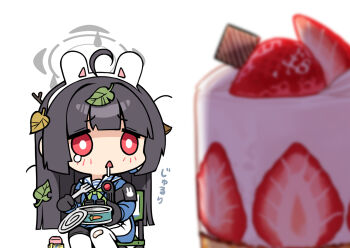 1girl ahoge animal_ears black_hair blue_archive blush cake chibi drooling eating fake_animal_ears food fruit halo highres holding hungry leaf leaf_on_head long_hair long_sleeves miyu_(blue_archive) open_mouth rabbit_ears red_eyes saliva school_uniform serafuku simple_background sitting strawberry white_background yaosera