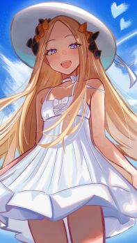 0nineo9 1girl abigail_williams_(fate) absurdres bare_shoulders black_bow black_dress blush bow breasts cloud cloudy_sky commentary dress english_commentary fate/grand_order fate_(series) forehead hair_bow hat highres long_hair looking_at_viewer open_mouth orange_bow parted_bangs sky smile solo sun_hat white_hat