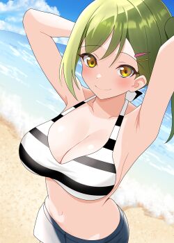 1girl absurdres aokiotemoto armpits arms_up bare_shoulders beach bikini bikini_top_only black_bikini blue_shorts blue_sky breasts cleavage cloud collarbone commentary cowboy_shot day hair_ornament hairclip halterneck highres large_breasts link!_like!_love_live! long_hair looking_at_viewer love_live! navel official_alternate_costume ogami_sachi outdoors parallel_hairclips short_shorts shorts side_ponytail sky solo stomach striped_bikini striped_clothes swimsuit yellow_eyes