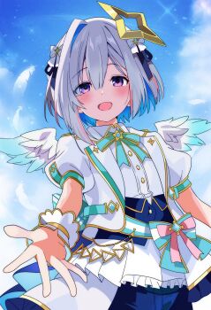 1girl absurdres amane_kanata angel_wings blue_corset blue_hair blue_shorts blue_sky blue_wings bob_cut bow bowtie collared_shirt colored_inner_hair commentary_request corset day dress_shirt falling_feathers feathered_wings feathers frilled_skirt frills gradient_wings grey_hair halo highres hololive hololive_idol_uniform_(bright) hutaba_haru idol_clothes jacket layered_skirt looking_at_viewer mini_wings multicolored_hair multicolored_wings official_alternate_costume open_mouth overskirt pink_streaks puffy_short_sleeves puffy_sleeves purple_eyes reaching reaching_towards_viewer sash_bow shirt short-sleeved_jacket short_hair short_sleeves shorts showgirl_skirt single_hair_intake skirt sky solo star_halo streaked_hair tilted_halo underbust virtual_graduation_commemoration virtual_youtuber white_jacket white_shirt white_wings wings wrist_cuffs