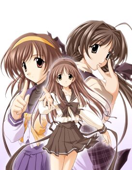 absurdres black_bow black_bowtie bow bowtie brown_hair hairband high-waist_skirt highres hizuki_ayaka imasaka_yue long_hair looking_at_viewer low_twintails memories_off memories_off_1 memories_off_2nd non-web_source official_art reaching reaching_towards_viewer school_uniform shirakawa_hotaru simple_background skirt smile turtleneck twintails yellow_hairband