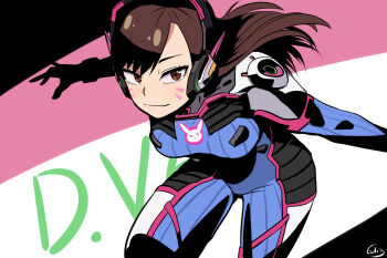 1girl animal_print blue_bodysuit bodysuit breasts character_name commentary d.va_(overwatch) facepaint facial_mark galois headphones leaning_forward long_hair medium_breasts overwatch rabbit_print ribbed_bodysuit signature smile solo whisker_markings