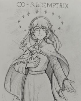 1girl cape christian_mythology christianity graphite_(medium) heart highres immaculate_heart_of_mary jos91doodles latin_text long_hair long_sleeves saint smile sword the_bible traditional_media virgin_mary weapon