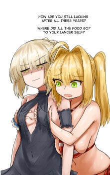 2girls :| absurdres ahoge artoria_pendragon_(fate) bare_shoulders behind_another black_dress blonde_hair breasts closed_mouth dress english_text fate/grand_order fate_(series) grabbing_another&#039;s_breast grabbing_from_behind green_eyes groping hair_bun highres large_breasts long_hair medium_breasts multiple_girls navel nero_claudius_(fate) nero_claudius_(swimsuit_caster)_(fate) open_mouth saber_alter saber_alter_(final_ascension) simple_background steamingtofu swimsuit yellow_eyes