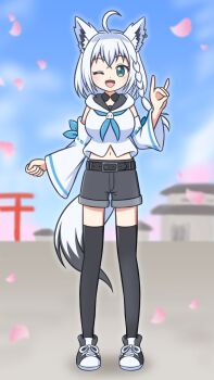 1girl ;d adapted_costume ahoge alternate_footwear animal_ear_fluff animal_ears aqua_eyes belt black_belt black_shoes black_shorts black_tail black_thighhighs blue_neckerchief blue_sky blurry blurry_background blush braid breasts cherry_blossoms clenched_hand commentary commission crossed_bangs day denim denim_shorts detached_sleeves dot_nose double-parted_bangs ear_piercing falling_petals fox_ears fox_girl fox_shadow_puppet fox_tail front_slit full_body hand_up highres hololive hood hooded_vest hoodie kato-shun light_blush long_hair long_sleeves looking_at_viewer medium_hair midriff multicolored_shoes multicolored_tail navel neckerchief one_eye_closed open_mouth outdoors petals piercing pink_petals pixiv_commission shirakami_fubuki shirakami_fubuki_(1st_costume) shoes shorts side_braid sky smile sneakers solo standing straight-on tail thighhighs two-tone_shoes two-tone_tail vest virtual_youtuber white_hair white_shoes white_sleeves white_tail white_vest wide_sleeves
