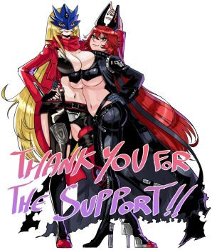 Rule 34 | 2girls, ankle gun, arm around waist, beelstarmon, belt, black belt, black coat, black gloves, black lips, black nails, black pants, blonde hair, blue mask, boots, breast on breast, breasts, cleavage, clothing cutout, coat, commentary, commission, cosplay, costume switch, cropped jacket, cropped vest, crotch plate, digimon, digimon (creature), english commentary, eye mask, fingerless gloves, full body, gloves, goddess of victory: nikke, hair between eyes, hand on another's hip, hand on own hip, hand up, high heel boots, high heels, highres, hip vent, horns, jacket, large breasts, leather, leather jacket, leather pants, leg cutout, lipstick, long hair, looking at viewer, low neckline, makeup, mask, mechanical horns, multiple girls, nail polish, navel, pants, red eyes, red hair, red hood (nikke), red jacket, red scarf, scarf, smile, standing, thank you, third eye, tight clothes, tight pants, torn clothes, torn coat, underboob, very long hair, vest, wanderjegson, yellow eyes